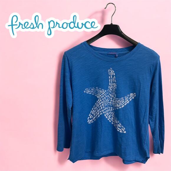 Fresh Produce 3/4 Sleeve Blue Starfish Cotton Blouse Beach Boho Womens Sz Medium - Picture 1 of 8